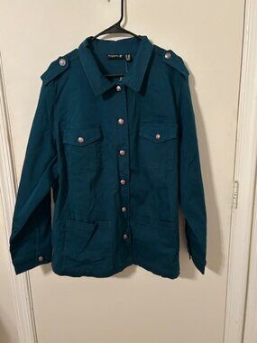 Susan Graver Utility Jacket 2XL | Teal Military Style Button Front Plus Size Jac